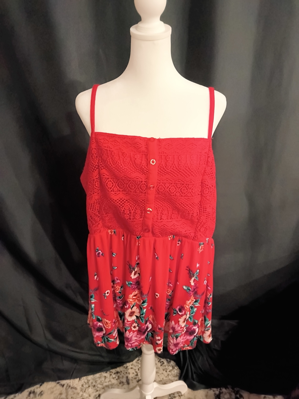torrid Red Lace Bodice Floral Hem Spaghetti Strap Cami